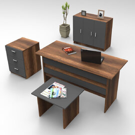 Prescott Wooden Executive Office Furniture Set with Storage Cabinet in Walnut and Anthracite