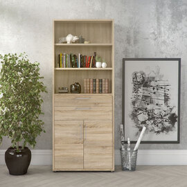 Primora Tall Wooden Office Storage Cabinet with 2 Drawers 2 Doors In Oak