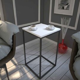 Pure Wooden Side Table with Black Metal Frame in White