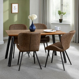 Qinson Straight Edge Oak Wooden Dining Table with 4 Brown Faux Leather Chairs