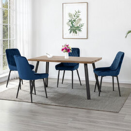 Qinson Wave Edge Oak Wooden Dining Table with 4 Avah Sapphire Blue Velvet Chairs