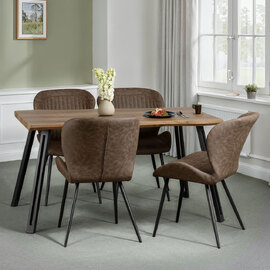 Qinson Wave Edge Oak Wooden Dining Table with 4 Brown Faux Leather Chairs