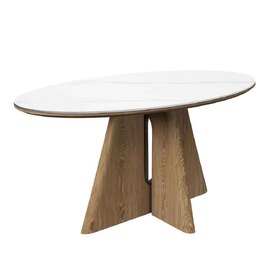 Raevo Oval Ceramic Top Dining Table with Oak Veneer Base in Matte White Marble-Effect