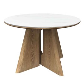 Raevo Round Ceramic Top Dining Table with Oak Veneer Base in Matte White