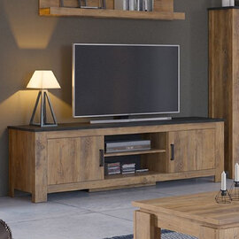 Rapilla Wooden TV Stand with 2 Doors in Chestnut and Matera Grey