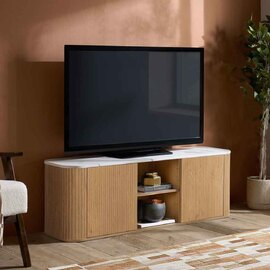 Ratro Large White Marble Effect Top TV Stand with Oak Wooden Base