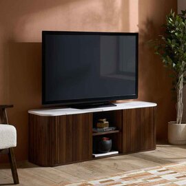 Ratro Large White Marble Effect Top TV Stand with Walnut Wooden Base