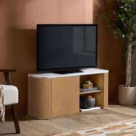 Ratro Small White Marble Effect Top TV Stand with Oak Wooden Base