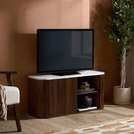 Ratro Small White Marble Effect Top TV Stand with Walnut Wooden Base