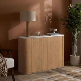 Ratro White Marble Effect Top Storage Cabinet with Oak Wooden Base