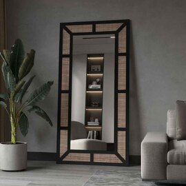 Rattan Glass Cheval Mirror with Black Metal Frame