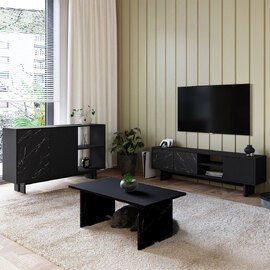 Ravello Wooden Living Room Furniture Set in Black Marble Effect and LED