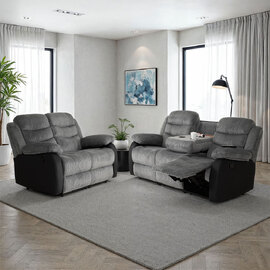 Rawlins Fabric Faux Leather Recliner 3+2 Seater Sofa Set in Grey and Black