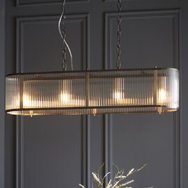 Rayong 4 Light Ribbed Glass Pendant Ceiling Light In Antique Brass