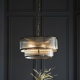 Rayong 5 Light Ribbed Glass Pendant Ceiling Light In Antique Brass
