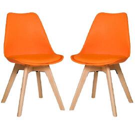 Regis Orange Leather Dining Chairs With Oak Legs In Pair