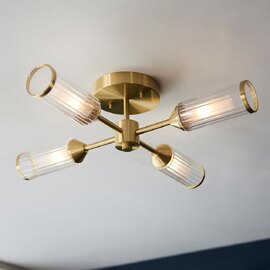 Reno 4 Light Ribbed Glass Semi Flush Light In Satin Brass