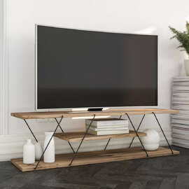 Renova Large Wooden TV Stand With 2 Shelves In Walnut And Gold