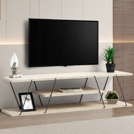 Renova Small Wooden TV Stand With 2 Shelves In Travertine Marble Effect And Black