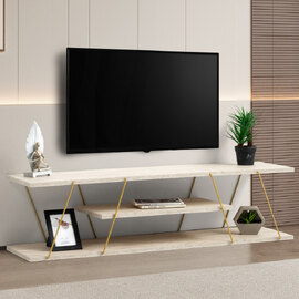 Renova Small Wooden TV Stand With 2 Shelves In Travertine Marble Effect And Gold
