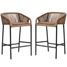 Rialto Natural Rattan Bar Stools With Black Metal Frame In Pair