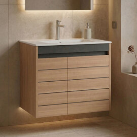 Ricato 810mm Wooden Wall Mounted Vanity Unit & Basin with 2 Doors in Walnut
