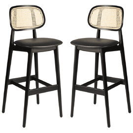 Romney Black Rattan Bar Stools With Leather Seat In Pair