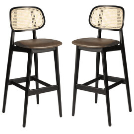 Romney Black Rattan Bar Stools With Brown Leather Seat In Pair