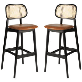 Romney Black Rattan Bar Stools With Tan Leather Seat In Pair