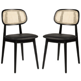 Romney Black Rattan Side Chairs With Leather Seat In Pair