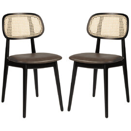Romney Black Rattan Side Chairs With Brown Leather Seat In Pair