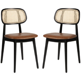 Romney Black Rattan Side Chairs With Tan Leather Seat In Pair