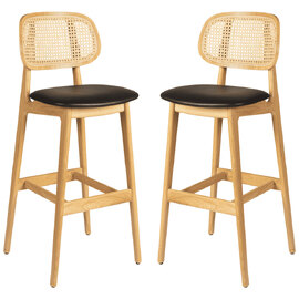 Romney Natural Rattan Bar Stools With Black Leather Seat In Pair