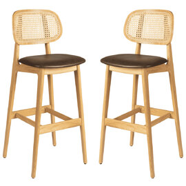 Romney Natural Rattan Bar Stools With Brown Leather Seat In Pair