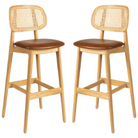 Romney Natural Rattan Bar Stools With Tan Leather Seat In Pair