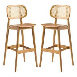 Romney Natural Rattan Natural Oak Wooden Bar Stools In Pair