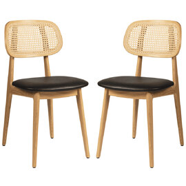 Romney Natural Rattan Side Chairs With Black Leather Seat In Pair