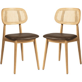 Romney Natural Rattan Side Chairs With Brown Leather Seat In Pair