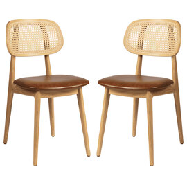 Romney Natural Rattan Side Chairs With Tan Leather Seat In Pair