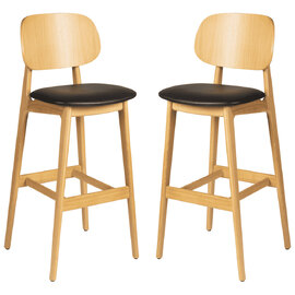 Romney Natural Wooden Bar Stools With Black Leather Seat In Pair