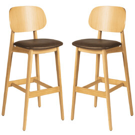Romney Natural Wooden Bar Stools With Brown Leather Seat In Pair