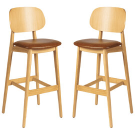 Romney Natural Wooden Bar Stools With Tan Leather Seat In Pair