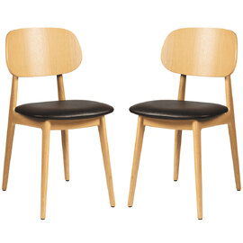 Romney Natural Wooden Side Chairs With Black Leather Seat In Pair