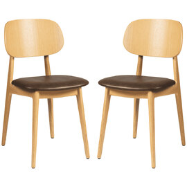 Romney Natural Wooden Side Chairs With Brown Leather Seat In Pair