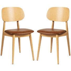 Romney Natural Wooden Side Chairs With Tan Leather Seat In Pair