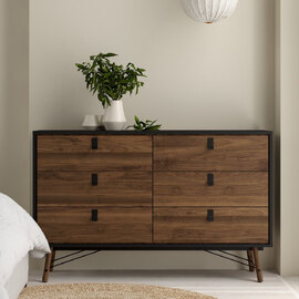 Rynok Wide Wooden Chest Of 6 Drawers In Matt Black and Walnut