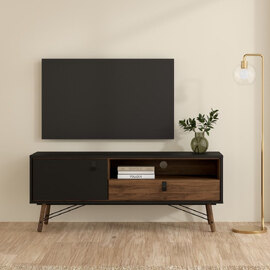 Rynok Wooden TV Stand With 1 Door 1 Drawer In Matt Black and Walnut