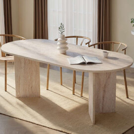 Sabero Oval Wooden Dining Table in Travertine Marble Effect