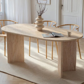 Sablio Oval Wooden Dining Table in Travertine Marble Effect