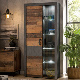Saige Old Wood Display Cabinet in Graphite and Grey With LED